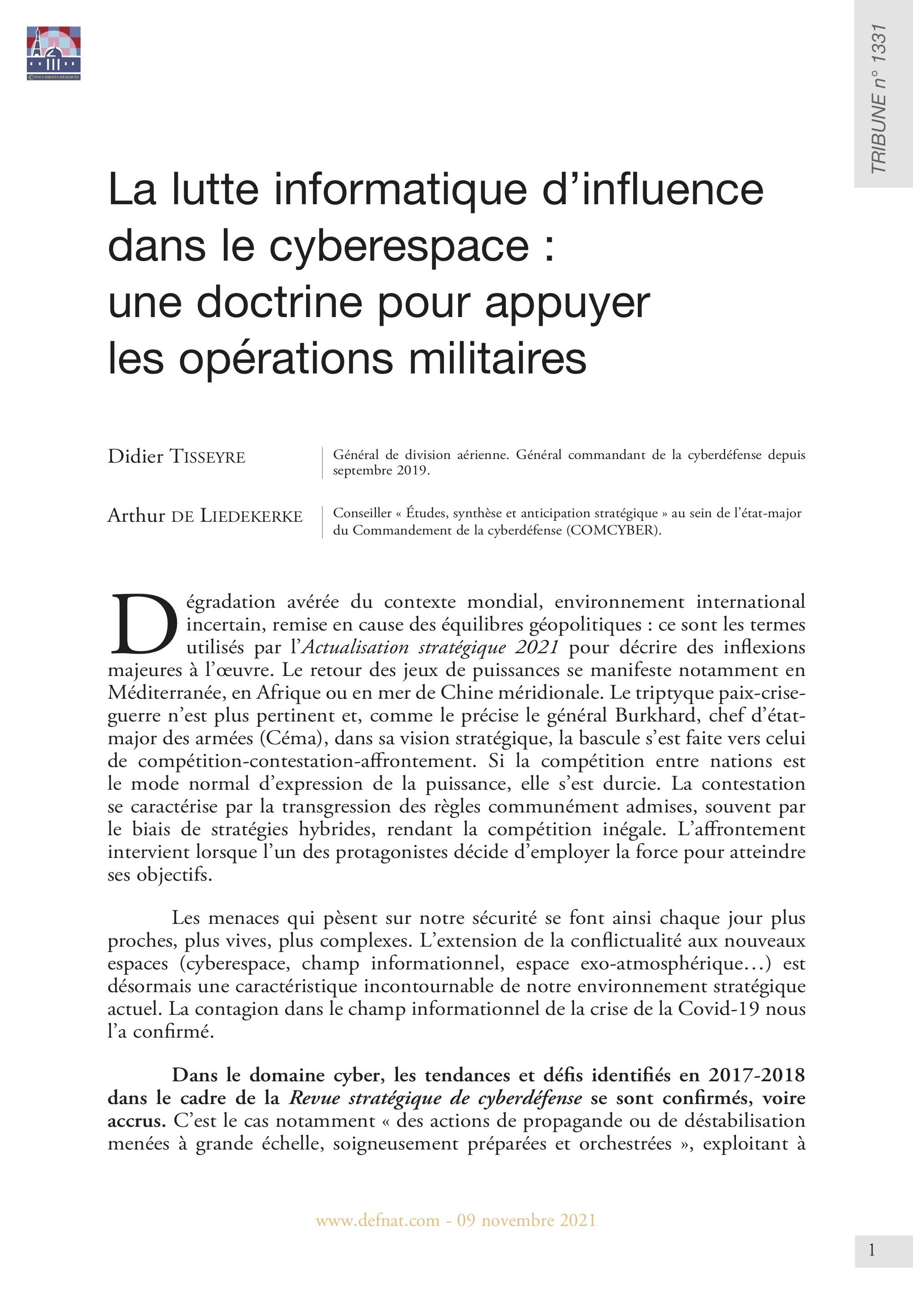 La lutte informatique d’influence dans le cyberespace : une doctrine pour appuyer les opérations militaires (T 1331)
